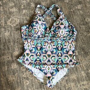 La Blanca Blue and Pink geometric print One Piece Swimwear - 22W